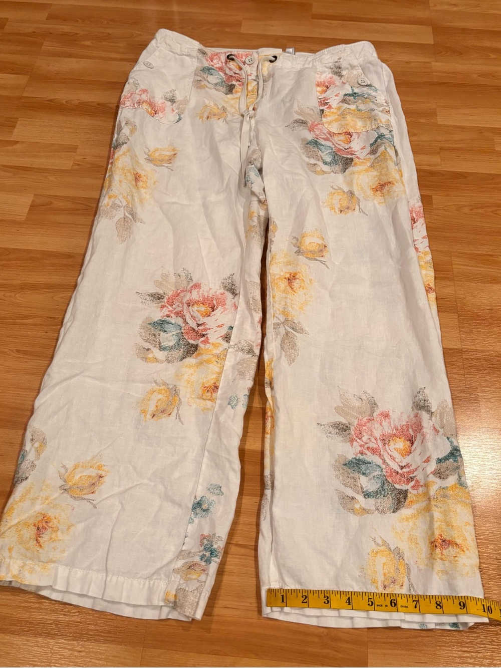Chicos  White Floral Linen Blend Wide-Leg Pants